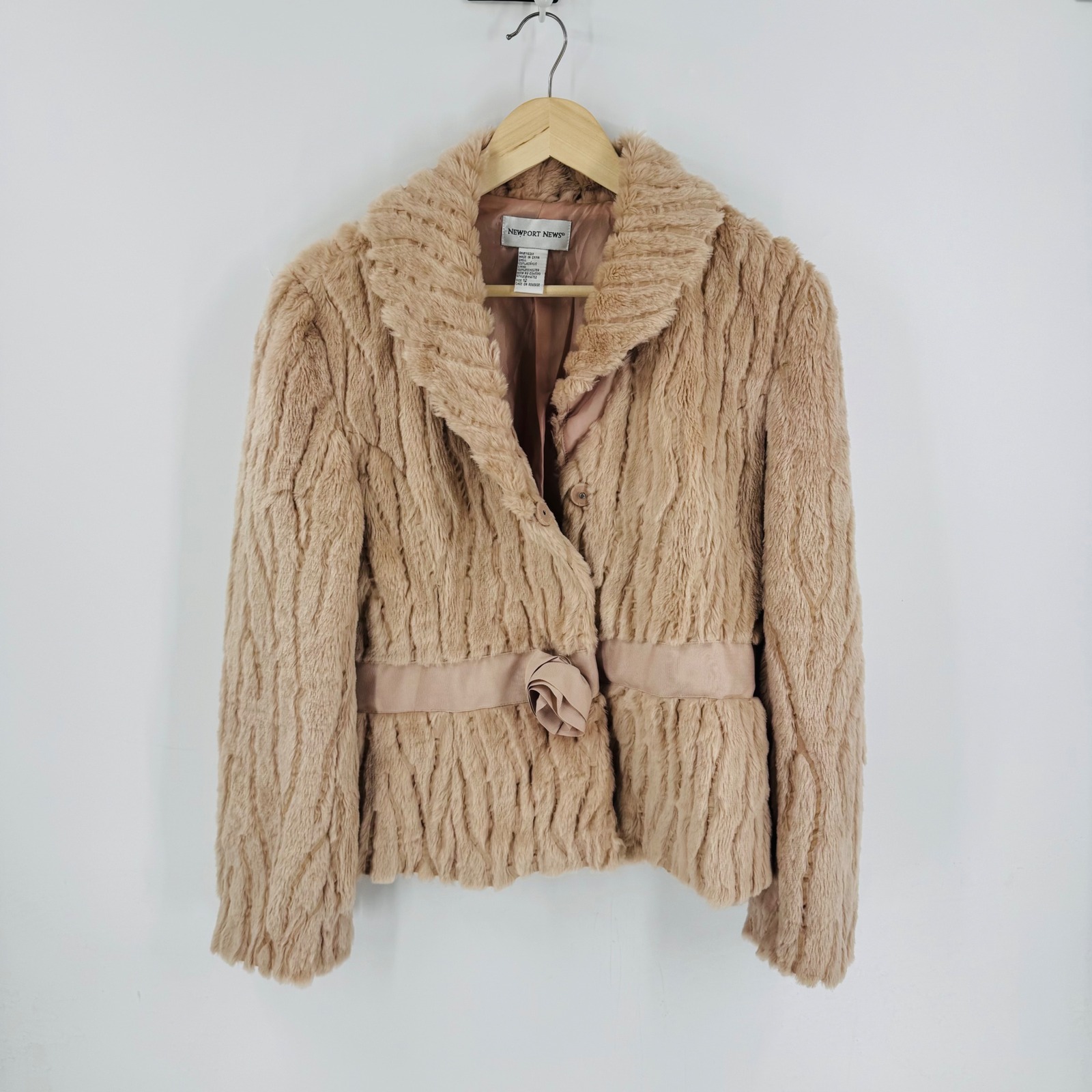 Vintage Y2k Newport News Faux Fur Jacket Beige Rosette Belted Jacket Size 12